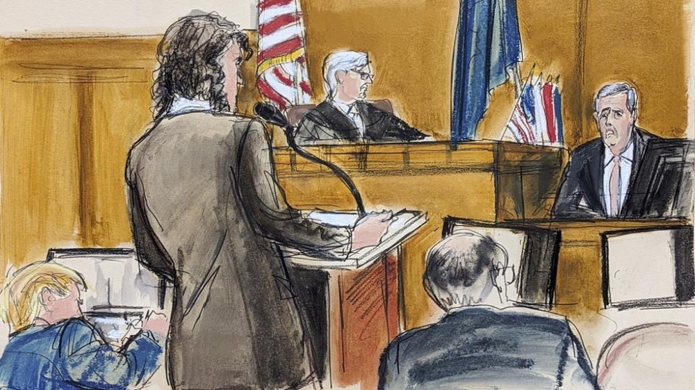 Donald Trump, far left, takes notes as Michael Cohen, right, testifies on redirect, questioned by assistant district attorney Susan Hoffinger, with Judge Juan Merchan presiding in Manhattan criminal court, Monday, May 20, 2024, in New York. (Elizabeth Williams via AP)