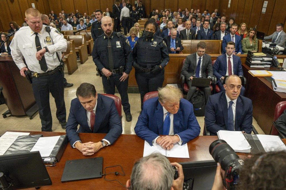 Former President Donald Trump sits in Manhattan criminal court in New York, Monday, May 20, 2024. (Steven Hirsch/New York Post via AP, Pool)