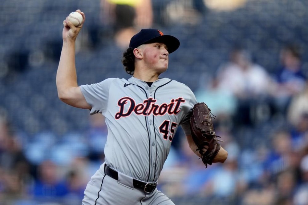 Detroit Tigers starting pitcher Reese Olson throws during the first inning of a baseball game against the Kansas City Royals Monday, May 20, 2024, in Kansas City, Mo. (AP Photo/Charlie Riedel)