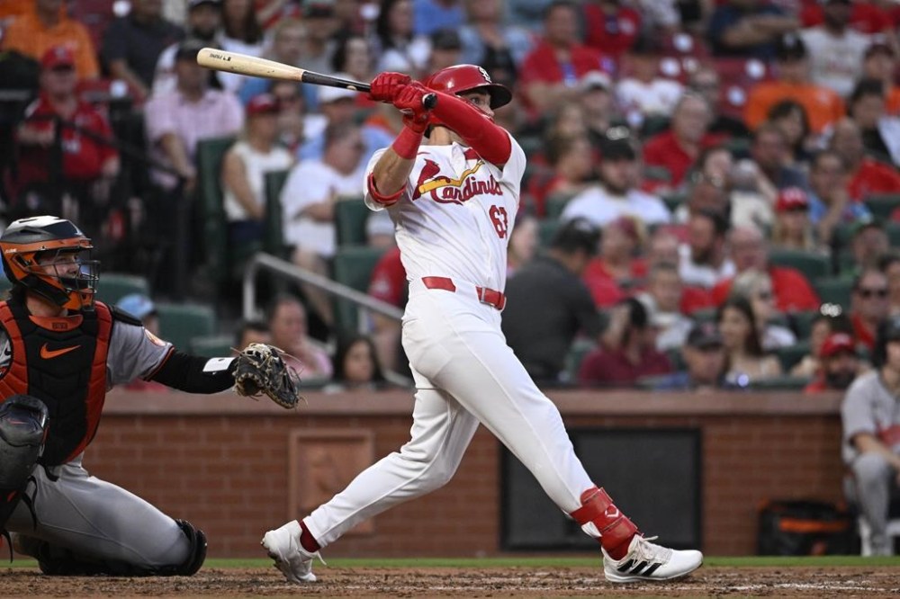 St. Louis Cardinals' Michael Siani watches his three-run home run in the fourth inning of a baseball game against the Baltimore Orioles, Monday, May 20, 2024, in St. Louis. (AP Photo/Joe Puetz)