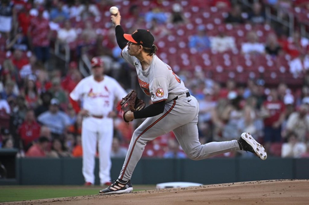 Baltimore Orioles starting pitcher Dean Kremer throws in the first inning of a baseball game against the St. Louis Cardinals, Monday, May 20, 2024, in St. Louis. (AP Photo/Joe Puetz)
