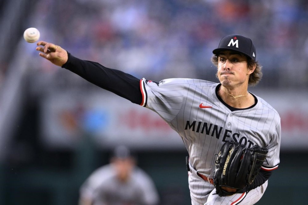 Minnesota Twins starting pitcher Joe Ryan throws to a Washington Nationals batter during the fifth inning of a baseball game Tuesday, May 21, 2024, in Washington. (AP Photo/Nick Wass)