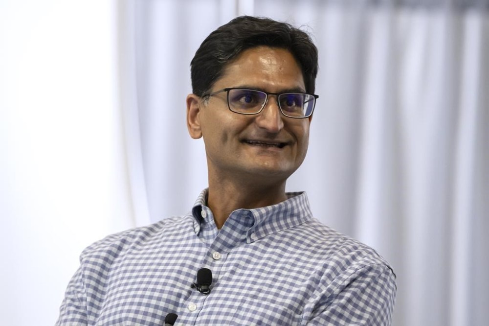 Anshu Roy, CEO of Rhombus Power, speaks during a panel discussion at the AI Expo for National Competitiveness on Tuesday, May 7, 2024, in Washington. Rhombus Power used generative AI to predict Russia’s full-scale invasion of Ukraine with 80% certainty four months in advance. (AP Photo/Mark Schiefelbein)