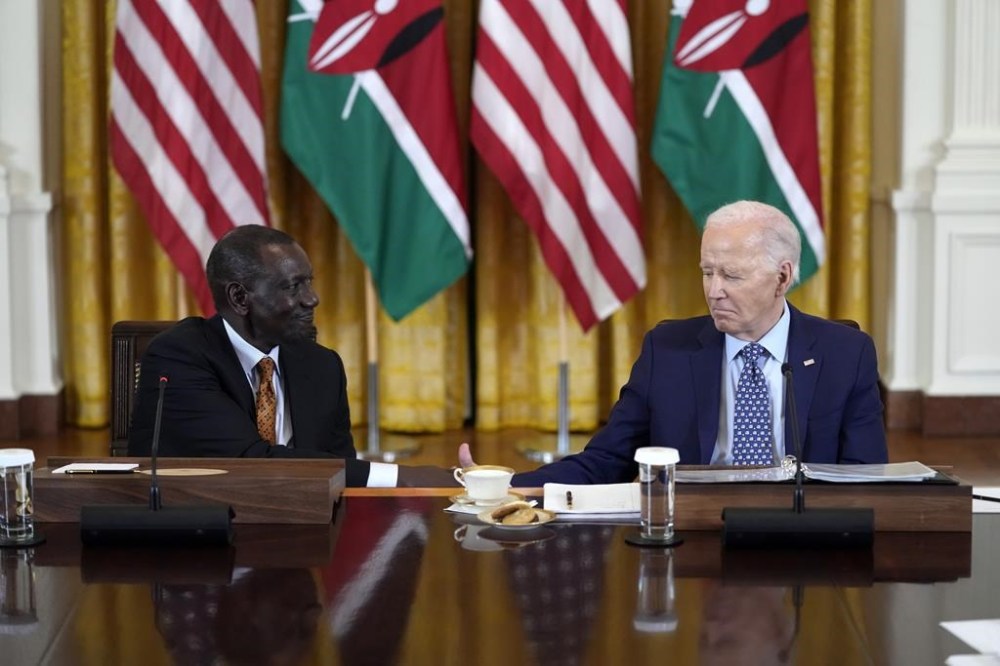 President Joe Biden and Kenya's President William Ruto shake hands as they meet with business leaders in the East Room of the White House in Washington, Wednesday, May 22, 2024. (AP Photo/Susan Walsh)