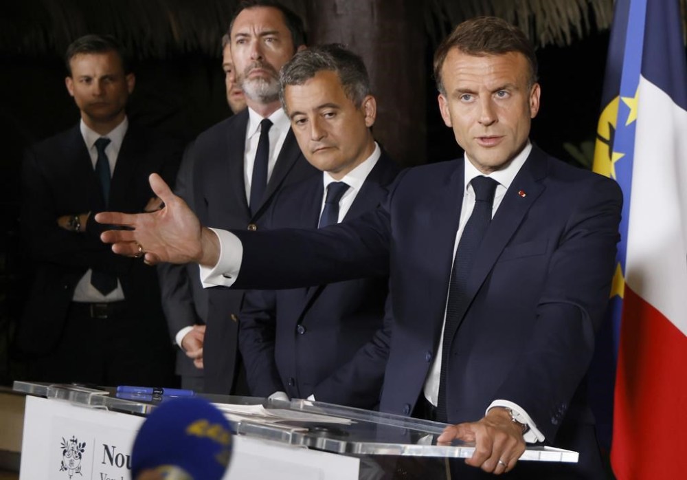French President Emmanuel Macron delivers a speech at New Caledonia's High Commissioner residency in Noumea, France's Pacific territory of New Caledonia Thursday May, 23, 2024. French President Emmanuel Macron pushed Thursday on a visit to riot-hit New Caledonia for the removal of protesters' barricades and said police sent in to help battle deadly unrest in the French Pacific archipelago