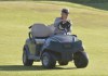 Bernhard Langer uses a cart on the first hole during the first round of Senior PGA Championship golf tournament Thursday, May 23, 2024, at Harbor Shores in Benton Harbor, Mich. (Don Campbell/The Herald-Palladium via AP)