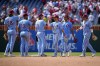 Philadelphia Phillies' players celebrate after winning a baseball game against the Texas Rangers, Thursday, May 23, 2024, in Philadelphia. (AP Photo/Matt Slocum)