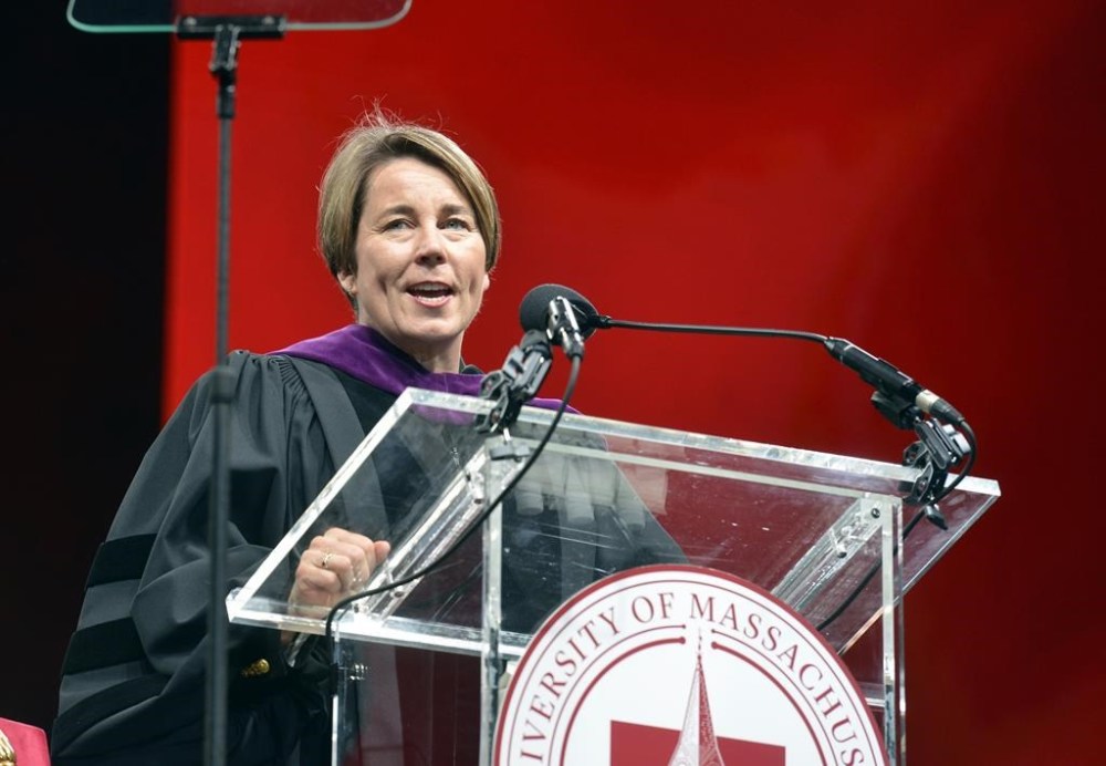 FILE - Massachusetts Gov. Maura Healey speaks during the inauguration of University of Massachusetts Chancellor Javier Reyes, Friday, April 26, 2024, at the Mullins Center in Amherst, Mass. Massachusetts Gov. Maura Healey has recommended another three individuals for pardons, putting her on track to push for more individual pardons in her first year and a half as governor than her two immediate predecessors recommended in their eight years in office each. (Don Treeger/The Republican via AP, file)