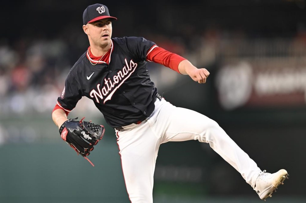 Washington Nationals starting pitcher MacKenzie Gore follows through during the sixth inning of a baseball game against the Seattle Mariners, Friday, May 24, 2024, in Washington. (AP Photo/John McDonnell)