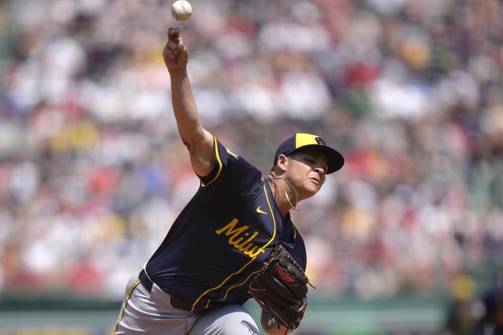 Milwaukee Brewers' Tobias Myers delivers a pitch to a Boston Red Sox batter in the first inning of a baseball game, Sunday, May 26, 2024, in Boston. (AP Photo/Steven Senne)