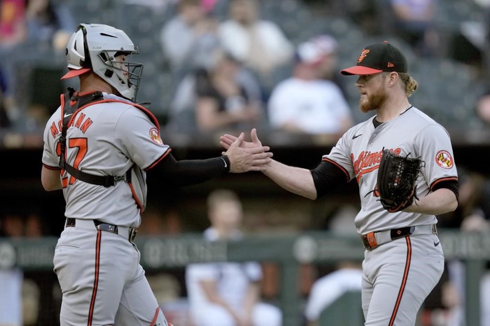 Baltimore Orioles catcher James McCann, left, and pitcher Craig Kimbrel, right, celebrate after a win over the Chicago White Sox in a baseball game Sunday, May 26, 2024, in Chicago. (AP Photo/Charles Rex Arbogast)