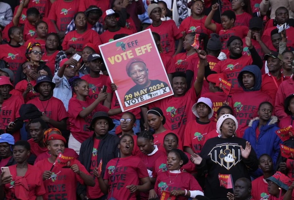 Supporters of the Economic Freedom Fighters (EFF), attend a final election rally in Polokwane, South Africa, Saturday, May 25, 2024. South African will vote in the 2024 general elections May 29. (AP Photo/Themba Hadebe)