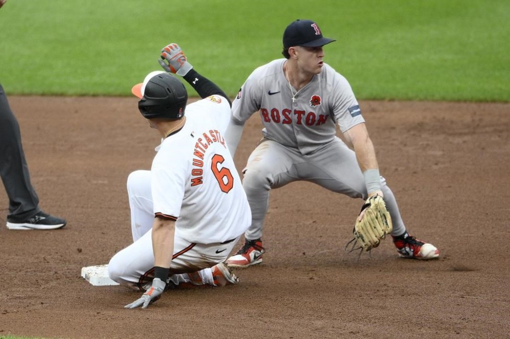 Baltimore Orioles' Ryan Mountcastle (6) slides into second base with a double during the fourth inning of a baseball game against Boston Red Sox shortstop Romy Gonzalez, right, Monday, May 27, 2024, in Baltimore. (AP Photo/Nick Wass)