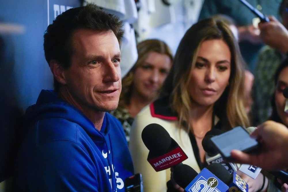 Chicago Cubs manager Craig Counsell talks to reporters before a baseball game against the Milwaukee Brewers Monday, May 27, 2024, in Milwaukee. (AP Photo/Morry Gash)