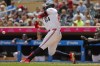 Minnesota Twins' Jose Miranda hits a two-run home run against the Kansas City Royals in the third inning of a baseball game Monday, May 27, 2024, in Minneapolis. (AP Photo/Bruce Kluckhohn)