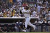 San Diego Padres' Donovan Solano celebrates after hitting a home run during the second inning of a baseball game against the Miami Marlins Monday, May 27, 2024, in San Diego. (AP Photo/Gregory Bull)