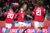 FILE - Czech Republic's Tomas Soucek, center, celebrates after scoring his side's third goal during the Euro 2024 group E qualifying soccer match between the Czech Republic and Moldova, at the Andruv Stadium in Olomouc, Czech Republic, Monday, Nov. 20, 2023. A trio of players who won the Bundesliga and the German Cup unbeaten with their Bayer Leverkusen headline the Czech Republic's team for the 2024 European championship. Forwards Patrik Schick and Adam Hložek, and goalkeeper Matěj Kovář are among the 26-man squad named by coach Ivan Hašek during a press conference on Tuesday May, 28, 2024. (AP Photo/Petr David Josek/File)