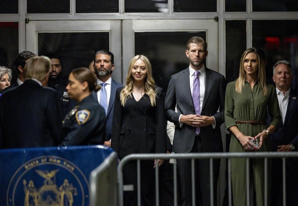 From left, Donald Trump Jr., Tiffany Trump, Eric Trump and Lara Trump stand near former President Donald Trump outside of Manhattan Criminal Court, Tuesday, May 28, 2024, in New York. (Justin Lane/Pool Photo via AP)