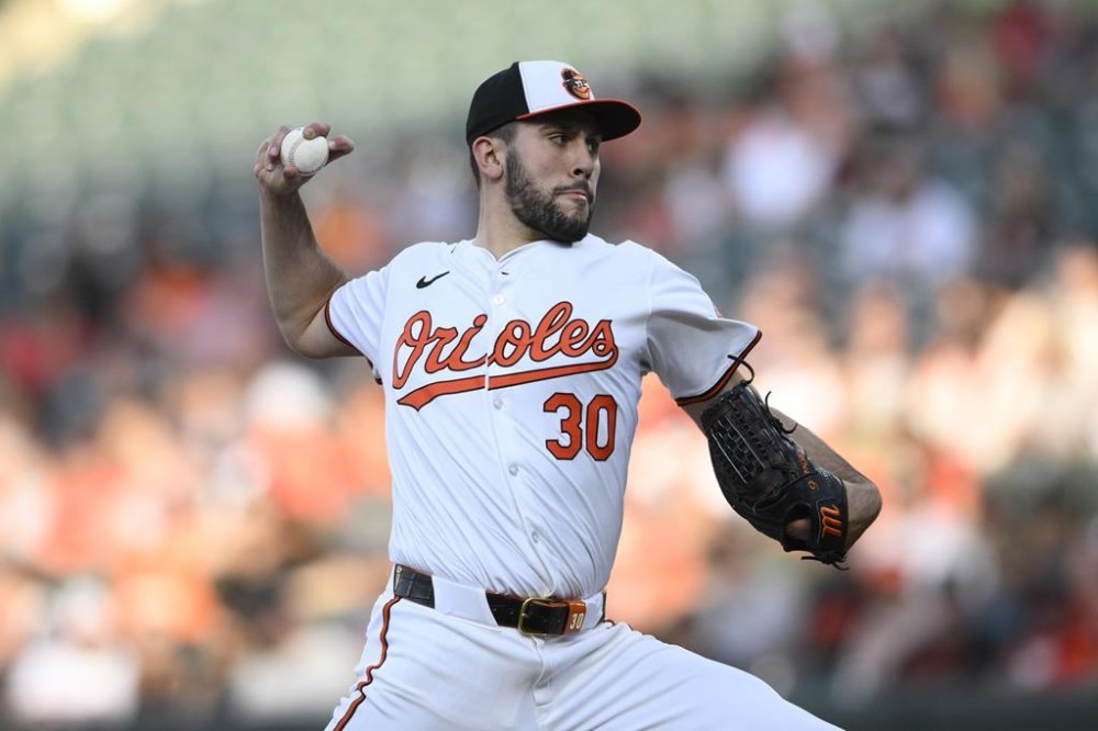 Baltimore Orioles starting pitcher Grayson Rodriguez throws during the second inning of a baseball game against the Boston Red Sox, Tuesday, May 28, 2024, in Baltimore. (AP Photo/Nick Wass)