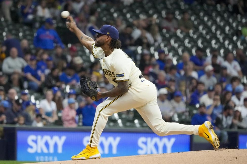 Milwaukee Brewers pitcher Freddy Peralta throws during the first inning of a baseball game against the Chicago Cubs Tuesday, May 28, 2024, in Milwaukee. (AP Photo/Morry Gash)