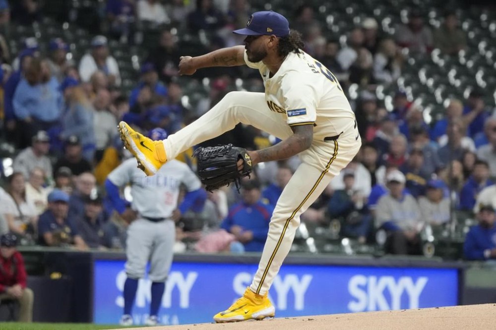 Milwaukee Brewers pitcher Freddy Peralta throws during the first inning of a baseball game against the Chicago Cubs Tuesday, May 28, 2024, in Milwaukee. (AP Photo/Morry Gash)