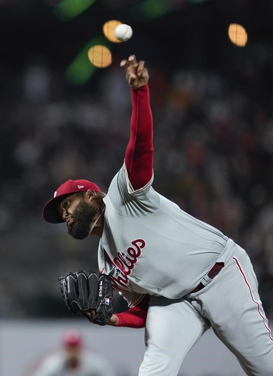 Philadelphia Phillies pitcher José Alvarado throws to a San Francisco Giants batter during the eighth inning of a baseball game Tuesday, May 28, 2024, in San Francisco. (AP Photo/Godofredo A. Vásquez)