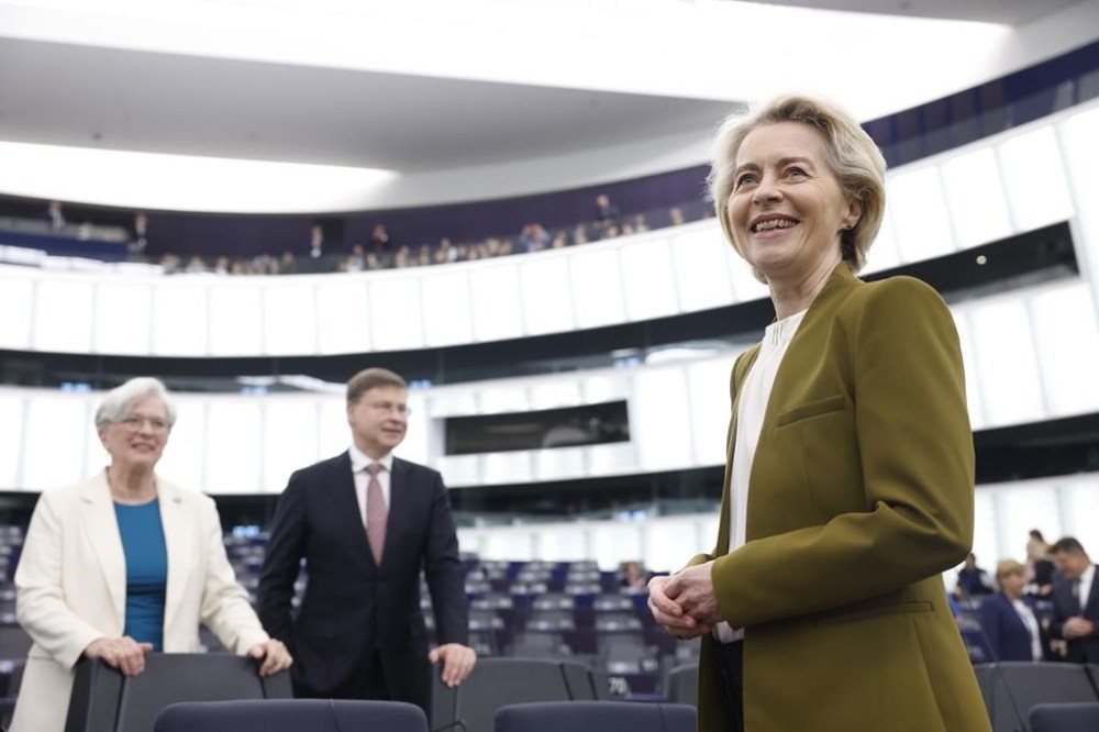 FILE - European Commission President Ursula von der Leyen arrives for ceremony to mark the 20th Anniversary of the 2004 EU Enlargement, on April 24, 2024 at the European Parliament in Strasbourg, eastern France. Some 400 million EU citizens go to the polls this weekend to elect the members of the European Parliament in one of the biggest global democratic events. (AP Photo/Jean-Francois Badias, File)