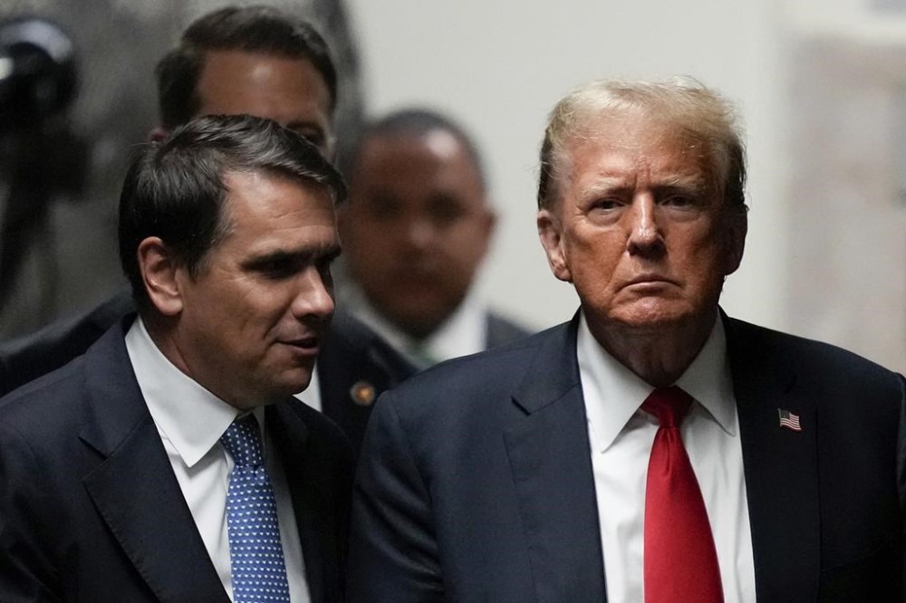 Former President Donald Trump returns from a break at Manhattan Criminal Court, Tuesday, May 28, 2024, in New York. (AP Photo/Julia Nikhinson, Pool)