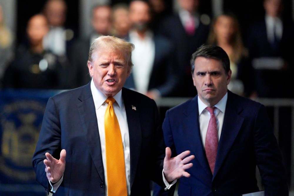 Former President Donald Trump, with his attorney Todd Blanche at his side, speaks to the media as the jury deliberates in this trial at Manhattan Criminal Court, Wednesday, May 29, 2024, in New York. (Curtis Means /Pool Photo via AP)