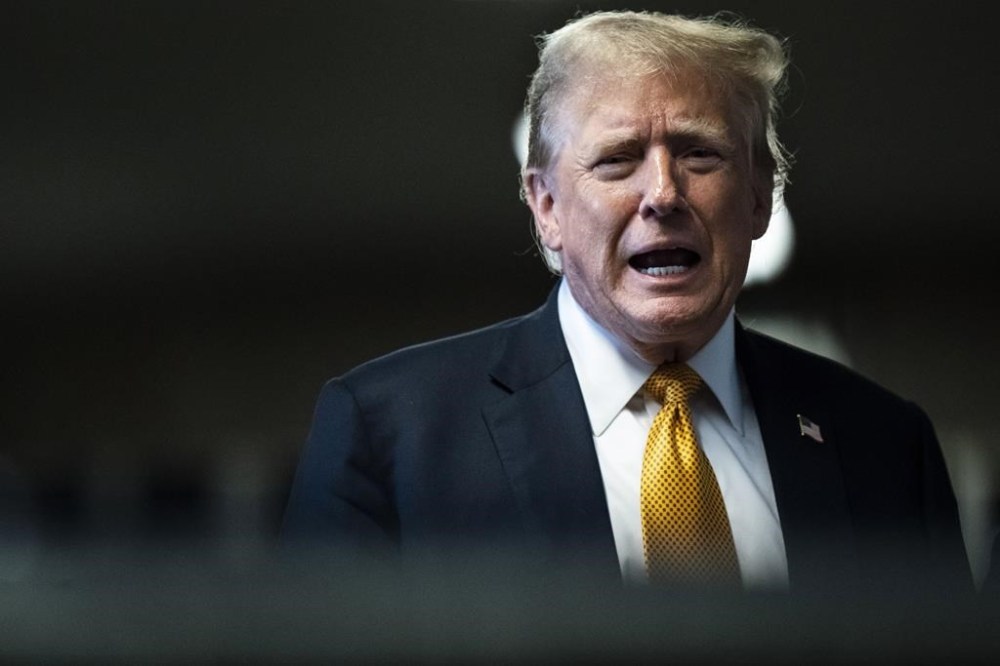 Former President Donald Trump speaks to reporters as jurors begin deliberations for his trial at Manhattan criminal court, Wednesday, May 29, 2024, in New York. (Jabin Botsford/The Washington Post via AP, Pool)