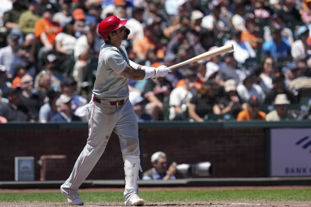 Philadelphia Phillies' Nick Castellanos watches his two-run home run against the San Francisco Giants during the fifth inning of a baseball game Wednesday, May 29, 2024, in San Francisco. (AP Photo/Godofredo A. Vásquez)
