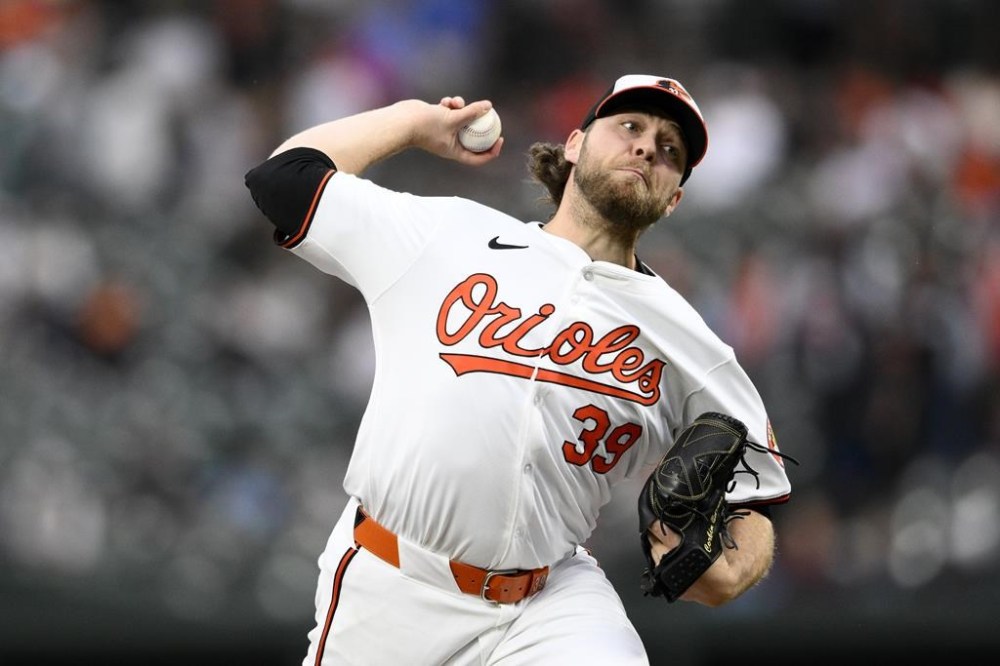 Baltimore Orioles starting pitcher Corbin Burnes throws to a Boston Red Sox batter during the first inning of a baseball game Wednesday, May 29, 2024, in Baltimore. (AP Photo/Nick Wass)