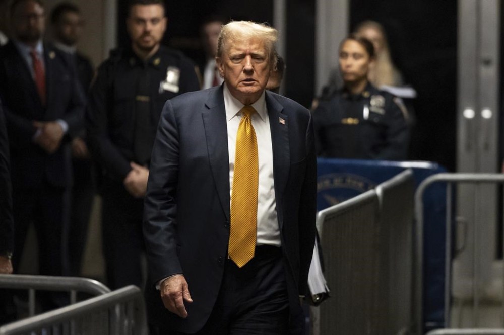 Former US President Donald Trump approaches the media to speak at Manhattan criminal court, Wednesday, May 29, 2024, in New York. (Yuki Iwamura/Pool Photo via AP)