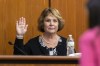 FILE- Colleton County Clerk of Court Rebecca Hill is sworn in before taking the stand to testify during the Alex Murdaugh jury-tampering hearing at the Richland County Judicial Center, Jan. 29, 2024, in Columbia, S.C. Hill faces 76 counts of ethics violations that say she used her office for personal gain. (Andrew J. Whitaker/The Post And Courier via AP, Pool, File)