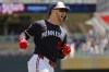 Minnesota Twins' Ryan Jeffers runs the bases on his solo home run against the Kansas City Royals in the fifth inning of a baseball game Thursday, May 30, 2024, in Minneapolis. (AP Photo/Bruce Kluckhohn)