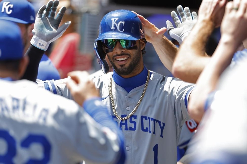 Kansas City Royals' MJ Melendez celebrates his solo home run against the Minnesota Twins in the fourth inning of a baseball game Thursday, May 30, 2024, in Minneapolis. (AP Photo/Bruce Kluckhohn)