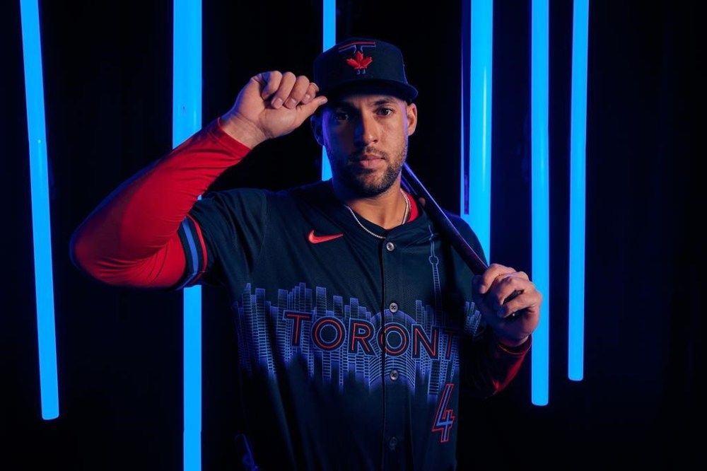 Toronto Blue Jays' George Springer wears the first-ever Toronto City Connect uniform,
