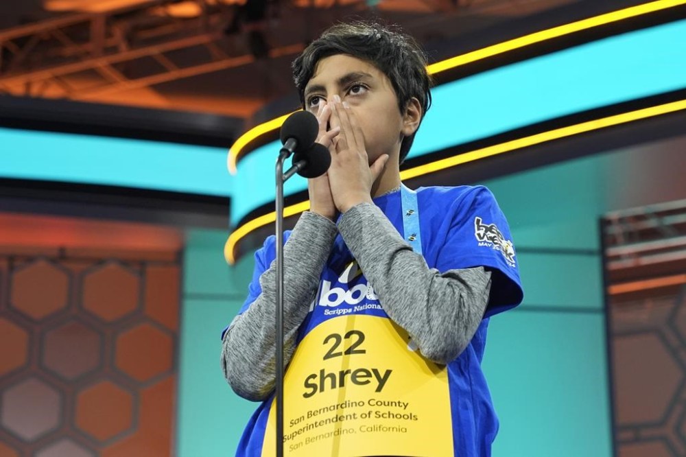 Shrey Parikh, 12, of Rancho Cucamonga, Calif., competes in the finals of the Scripps National Spelling Bee, in Oxon Hill, Md., Thursday, May 30, 2024. (AP Photo/Jacquelyn Martin)