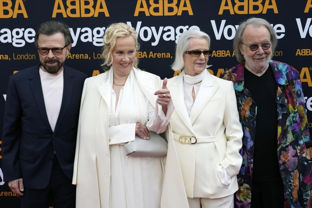FILE - Members of ABBA, from left, Bjorn Ulvaeus, Agnetha Faltskog, Anni-Frid Lyngstad and Benny Andersson arrive for the ABBA Voyage concert at the ABBA Arena in London, Thursday May 26, 2022. The four members of the Swedish pop quartet who triumphed at the 1974 Eurovision Song Contest with the peppy love song “Waterloo” will be given one of the most prestigious knighthoods in Sweden at a ceremony on Friday, May 31, 2024. (AP Photo/Alberto Pezzali, File)