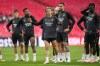Real Madrid's Luka Modric, centre, reacts during a training session ahead of the Champions League final soccer match between Borussia Dortmund and Real Madrid at Wembley Stadium in London , Friday, May 31, 2024.(AP Photo/Kirsty Wigglesworth)