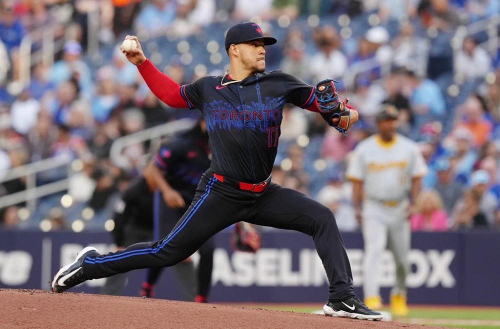 Toronto Blue Jays pitcher Jose Berrios (17) works against the Pittsburgh Pirates during first inning interleague MLB baseball action in Toronto, Friday, May 31, 2024. THE CANADIAN PRESS/Chris Young
