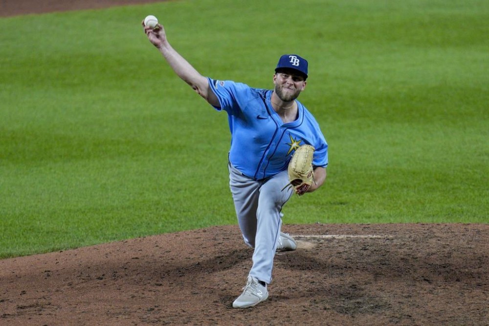 Tampa Bay Rays relief pitcher Justin Sterner throws to the Baltimore Orioles during the seventh inning of a baseball game, Friday, May 31, 2024, in Baltimore. (AP Photo/Jess Rapfogel)