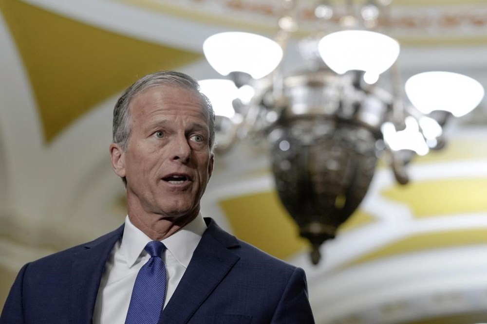 Sen. John Thune, R-S.D., talks after a policy luncheon on Capitol Hill Wednesday, May 8, 2024, in Washington. (AP Photo/Mariam Zuhaib)