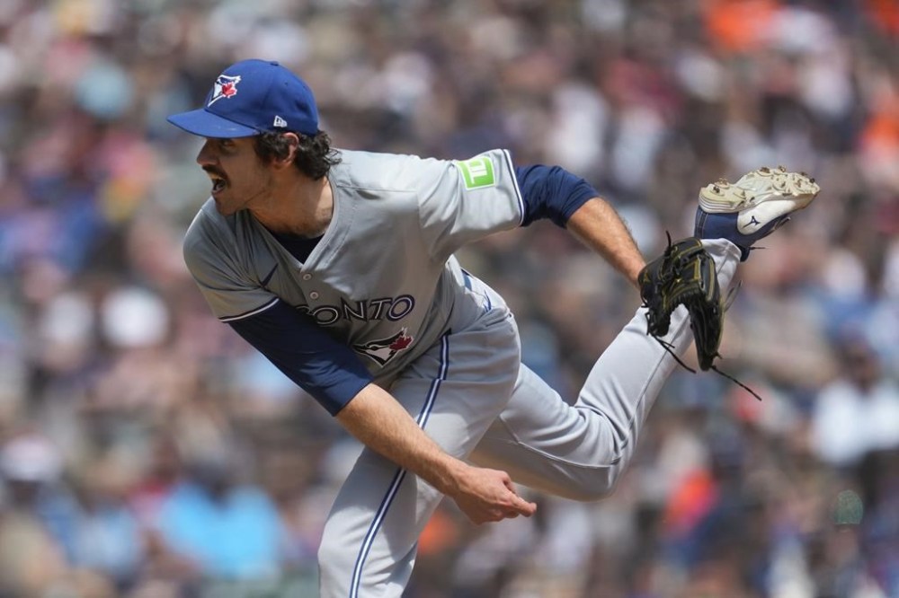 Toronto Blue Jays pitcher Jordan Romano throws against the Detroit Tigers in the eighth inning of a baseball game, Saturday, May 25, 2024, in Detroit. The Toronto Blue Jays placed closer Romano on the 15-day injured list Saturday due to right elbow inflammation. THE CANADIAN PRESS/AP-Paul Sancya