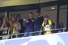 Former Liverpool and Borussia Dortmund manager Jurgen Klopp, center right, gestures from his seat in the stands ahead of the Champions League final soccer match between Borussia Dortmund and Real Madrid at Wembley stadium in London, Saturday, June 1, 2024. (Mike Egerton/PA via AP)