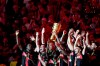 Leverkusen's team celebrates with the trophy after winning the German Soccer Cup final match between 1. FC Kaiserslautern and Bayer Leverkusen at the Olympic Stadium in Berlin, Germany, Saturday, May 25, 2024. (Soeren Stache/dpa via AP)