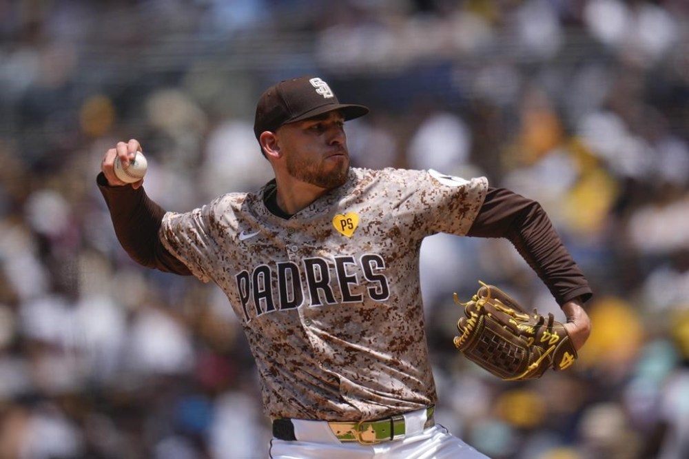 San Diego Padres starting pitcher Joe Musgrove works against a New York Yankees batter during the second inning of a baseball game, Sunday, May 26, 2024, in San Diego. (AP Photo/Gregory Bull)