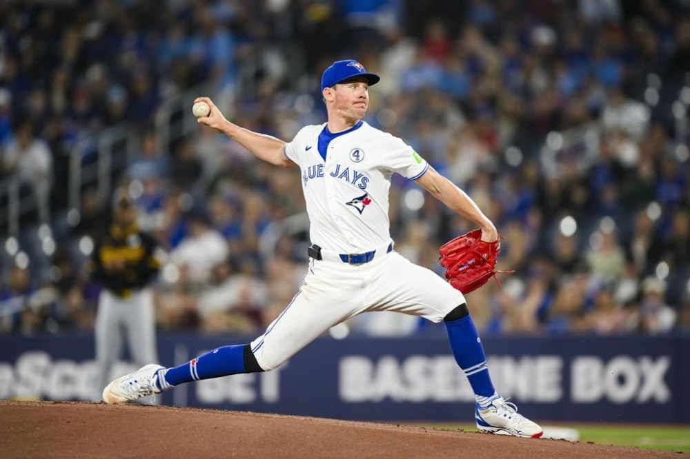 Toronto Blue Jays pitcher Chris Bassitt (40) throws the ball during first inning MLB interleague action against the Pittsburgh Pirates, in Toronto, Sunday, June 2, 2024. THE CANADIAN PRESS/Christopher Katsarov