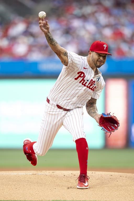 Philadelphia Phillies starting pitcher Taijuan Walker delivers during the first inning of a baseball game against the St Louis Cardinals, Sunday, June 2, 2024, in Philadelphia. (AP Photo/Chris Szagola)