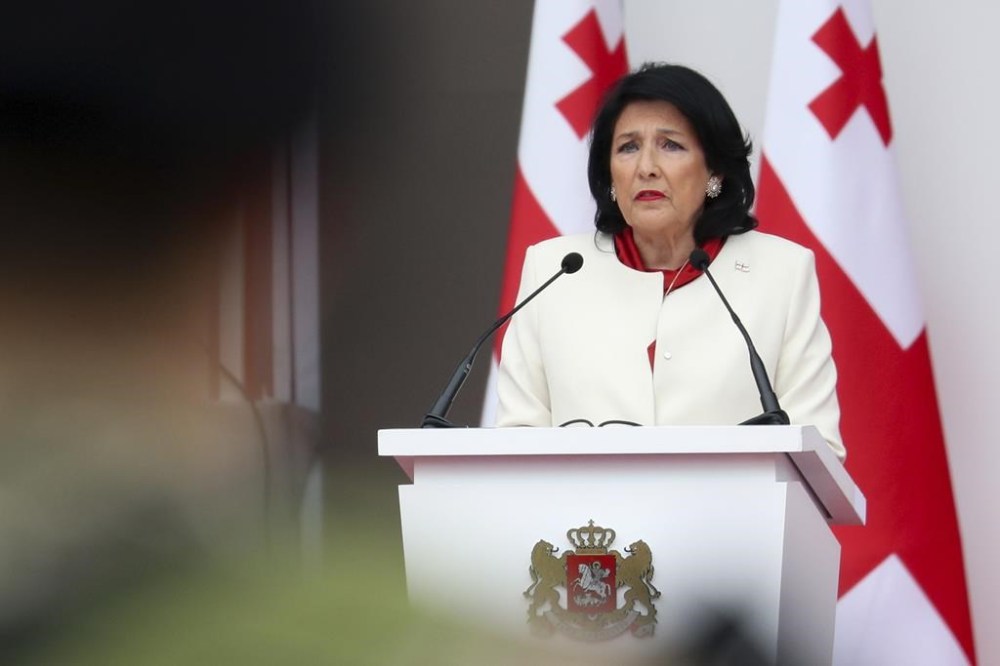 Georgian President Salome Zourabichvili delivers a speech during celebration of the Independence Day in Tbilisi, Georgia, Sunday, May 26, 2024. (Irakli Gedenidze/Pool Photo via AP)